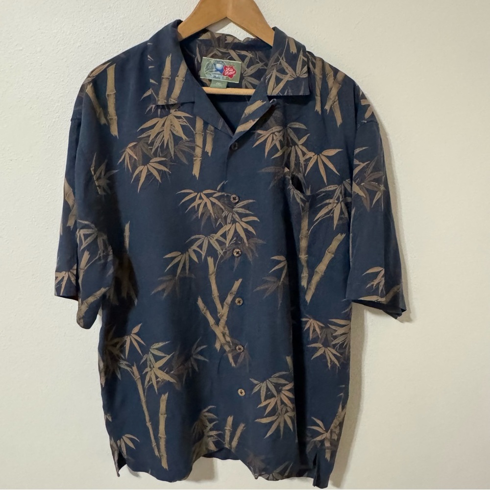 Hilo Hattie Silk Bamboo Print Short Sleeve Aloha Hawaiian Shirt Blue Tan-Medium